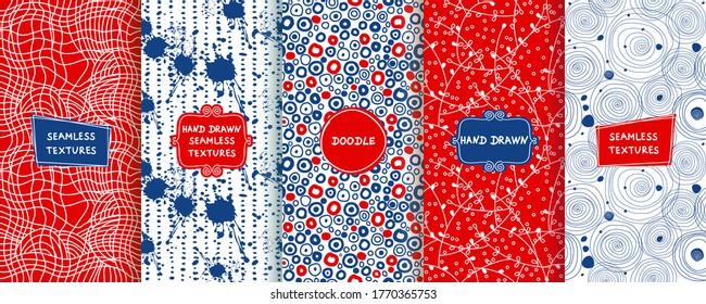 Conjunto de diseños de textura dibujados a mano para fondos, tarjetas de visita, diseño web. Patrón de doodle con etiquetas modernas y de moda sobre un fondo luminoso. ilustración vectorial