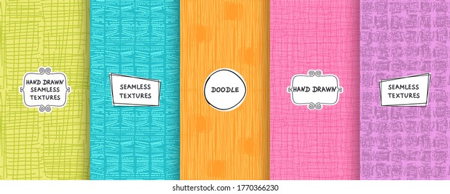 Set of seamless hand drawn texture designs for backgrounds, business cards, web design. Doodle pattern with trendy modern labels on bright background. vector illustration