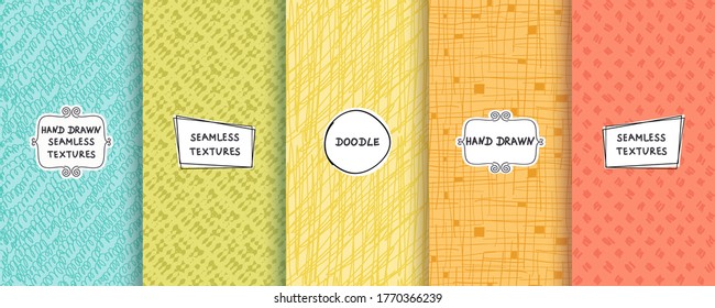 Set of seamless hand drawn texture designs for backgrounds, business cards, web design. Doodle pattern with trendy modern labels on bright background. vector illustration