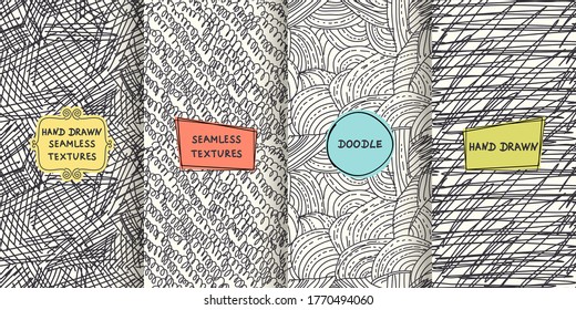 Conjunto de diseños de textura dibujados a mano para fondos, tarjetas de visita, diseño web. Patrón de doodle con etiquetas modernas y coloridas. ilustración vectorial 