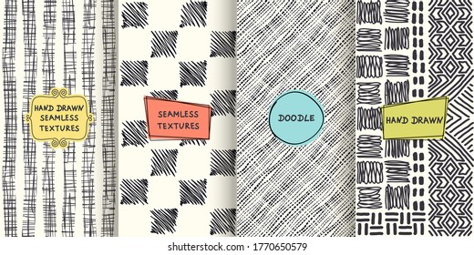 Set of seamless hand drawn texture designs for backgrounds, business cards, web design. Doodle pattern with trendy modern colorful labels. vector illustration 