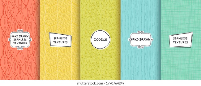 Set of seamless hand drawn texture designs for backgrounds, business cards, web design. Doodle pattern with trendy modern labels on bright background. vector illustration