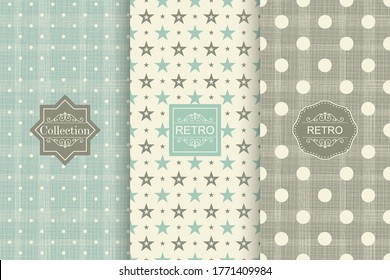 Set of seamless hand drawn texture design for backgrounds, business cards, web design. Abstract retro seamless patterns in polka dot and star. Vintage design of background with frame. Vector