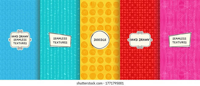 Set of seamless hand drawn texture designs for backgrounds, business cards, web design. Doodle pattern with trendy modern labels on bright background. vector illustration