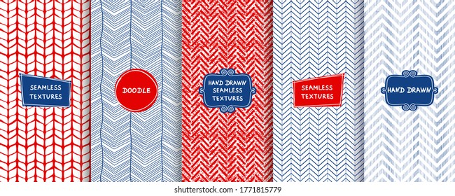 Set of seamless hand drawn texture designs for backgrounds, business cards, web design. Doodle zigzag pattern in blue, red and white colors with trendy modern labels. Vector illustration