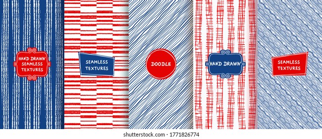 Set of seamless hand drawn texture designs for backgrounds, business cards, web design. Geometric patterns in blue, red and white colors with trendy modern labels. Vector illustration