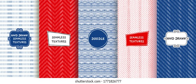 Set of seamless hand drawn texture designs for backgrounds, business cards, web design. Geometric patterns in blue, red and white colors with trendy modern labels. Vector illustration