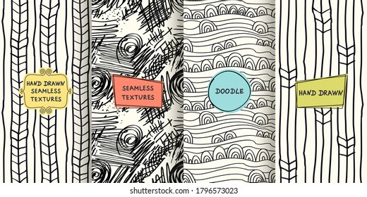 Set of seamless hand drawn texture designs for backgrounds, business cards, web design. Doodle pattern with trendy modern colorful labels. vector illustration
