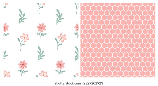 Set of seamless of hand drawn wild doodle flowers and honeycomb on isolated background. Design for mother’s day, Easter, springtime, summertime celebration, scrapbooking, home and nursery decor.