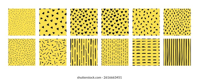 Set of seamless hand-drawn dash and doodle patterns on a yellow background. Cute minimalist textures with hearts, lines, drops, and stars. Perfect for kids design, fabric, and wrapping paper