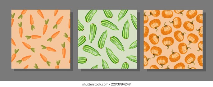 Conjunto de patrones sin costura hechos a mano con zanahorias, calabaza, verduras de calabaza. Diseño vectorial colorido.