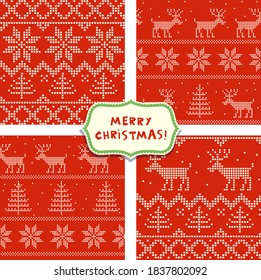 Set of Seamless  Handmade knitted background patterns with deers, trees,   snowflakes, scandinavian ornaments. Vector illustration of wrapping paper for Christmas gift. Greeting Christmas cards