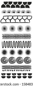 set of seamless handmade vector ornaments in vintage, grange, retro style, black lines on white background