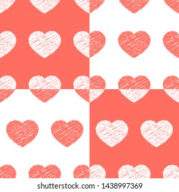 Set of seamless heart pattern scribble style. Coral, white hearts. Diagonal and horizontal arrangement. Romanitc graphic heart pattern for Valentine's Day, wedding, invitation, textile, ceramic tile