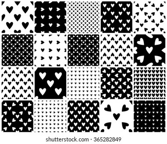 Set of seamless hearts patterns in black and white. Valentine's day tile backgrounds. Romantic vector patterns.