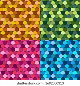 Set of seamless hexagon mosaic patterns. Vector colored backgrounds.