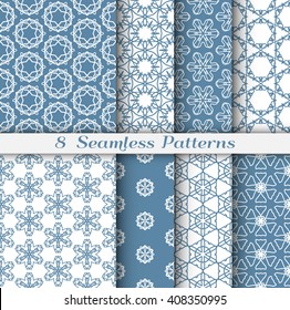 Set of seamless hexagon patterns in arabian style. Stylish graphic geometric backgrounds, line art. Tribal ethnic ornament. Vector blue collection