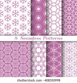 Set of seamless hexagon patterns in arabian style. Stylish graphic geometric backgrounds, line art. Tribal ethnic ornament. Vector purple collection