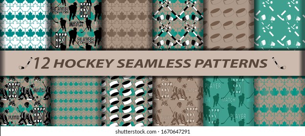 Set of seamless hockey patterns. Vector elements of hockey sticks, hockey pucks, player, goalkeeper, 
maple leaves. Endless repeating hockey textures for banners, wallpapers, etc.