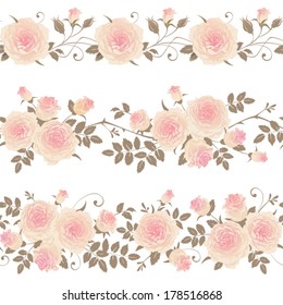 Set of seamless horizontal floral patterns. Branches of roses on a white background. Vector borders with climbing roses.