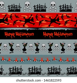 Set of seamless horizontal Halloween borders with black cats, bats, skulls, spiders and other elements. Can be used for holiday design, creating packing, wrapper, textile, greeting cards and more.