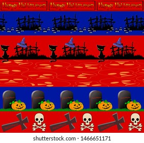 Set of seamless horizontal Halloween borders with black cats, skulls, spiders and other elements. Can be used for holiday design, creating packing, wrapper, textile, greeting cards and more.