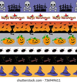 Set of seamless horizontal Halloween borders with black cats, pumpkins, spiders and other elements. Good for holiday design.