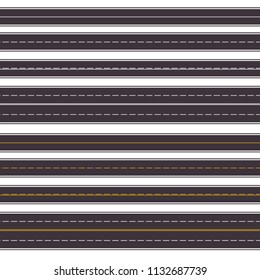 Set of seamless horizontal highways. Top view of straight asphalt roads isolated on white background. Road seamless vector pattern.
