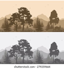 Set Seamless Horizontal Landscapes, Mountains with Trees and Grass, Birds in the Sky, Gray and Brown Silhouettes. Vector