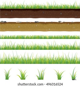 Set of seamless horizontal pattern with grass and soil