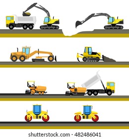 Conjunto de fondo de construcción de carreteras Horizontales sin costuras con iconos de equipos de construcción. Ilustración vectorial