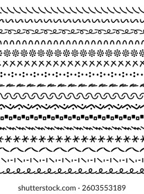 Set of seamless horizontal stripes from abstract elements. Decorative wavy zigzag lines for seamless patterns. Geometric decor element, divider, separator and graphic element. Vector isolated on white