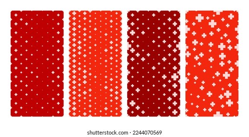 Conjunto de fondos hospitalarios sin fisuras con símbolos más. Símbolo blanco de la medicina con fondo rojo. Ilustración del vector