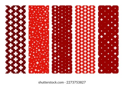 Set of seamless hospital backgrounds with plus symbols. White symbol of medicine on a red background. Vector illustration