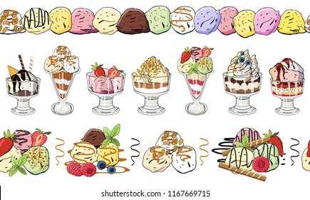 Set of seamless ice cream borders. Colorful ice cream balls with berries and nuts.