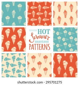 Set of seamless ice-cream cones patterns. Retro backgrounds. All boundless backgrounds are included in swatches palette. Can be used for children wallpapers, web site background or wrapping paper.