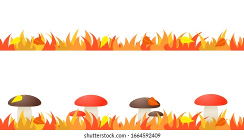 Set of seamless images of mushrooms and leaves in autumn grass.