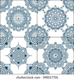 Set of seamless indigo patterns in blue for floor tiles, ornamental collection for glazed ceramic. Vintage Illustration isolated on white background