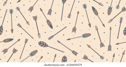 Set of seamless irregular bird feather arrow pattern pattern hand drawn tribal style. Good for textiles, paper, wallpaper and web page. Vector illustration. Abstract geometric print.