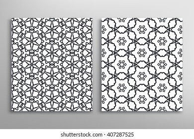 Set of seamless islamic patterns in arabian style. Stylish graphic black and white geometric backgrounds, line art. Tribal ethnic ornament. Vector illustration