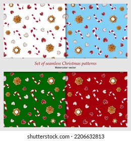 Conjunto de patrones de Navidad aislados y sin fisuras. Los dulces festivos, las galletas de pan de jengibre.