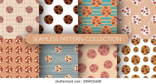 Set of seamless isolated pattern with colored chocolate cookies elements. Tasty dessert collection. Designed for wallpaper, textile, wrapping paper, fabric print. Vector illustration.