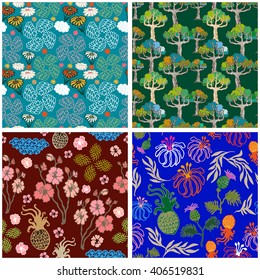 Set of seamless Japanese floral patterns. Kimono style. Pine trees forest, daisies lawn, blooming sakura, exotic plants. Oriental textile collection. Blue, green, brown shadows.