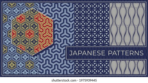 Conjunto de patrones japoneses sin fisuras en estilo tradicional, ilustración vectorial, swatches de patrón incluidos.
