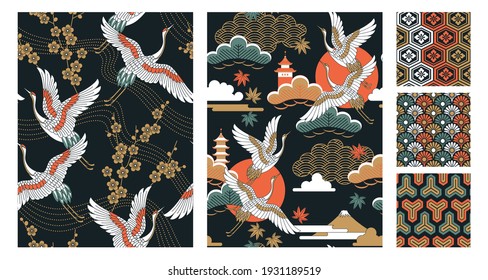 Set seamless Japanese  style patterns and autumn landscapes  oriental cherry flowers  cranes   maple leaves  Vector illustration 