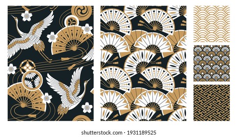 Set of seamless Japanese-style patterns with fans, cranes and oriental cherry flowers on black background. Vector illustration.