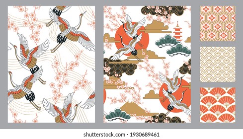 Set of seamless Japanese-style patterns with landscapes, oriental cherry flowers, cranes and fans. Vector illustration.