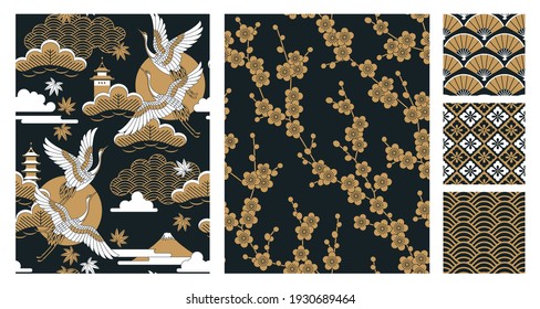 Set of seamless Japanese-style patterns with landscapes, oriental cherry flowers, cranes, fans and pagodas. Vector illustration.