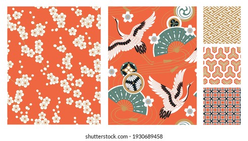 Set of seamless Japanese-style patterns with oriental cherry flowers, cranes and fans. Vector illustration.