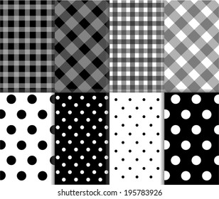 Set of seamless jumbo and small polka dots, checkered textile with large and small lines, and diagonal stripes in black, white and gray color. Abstract vector art image illustration background 